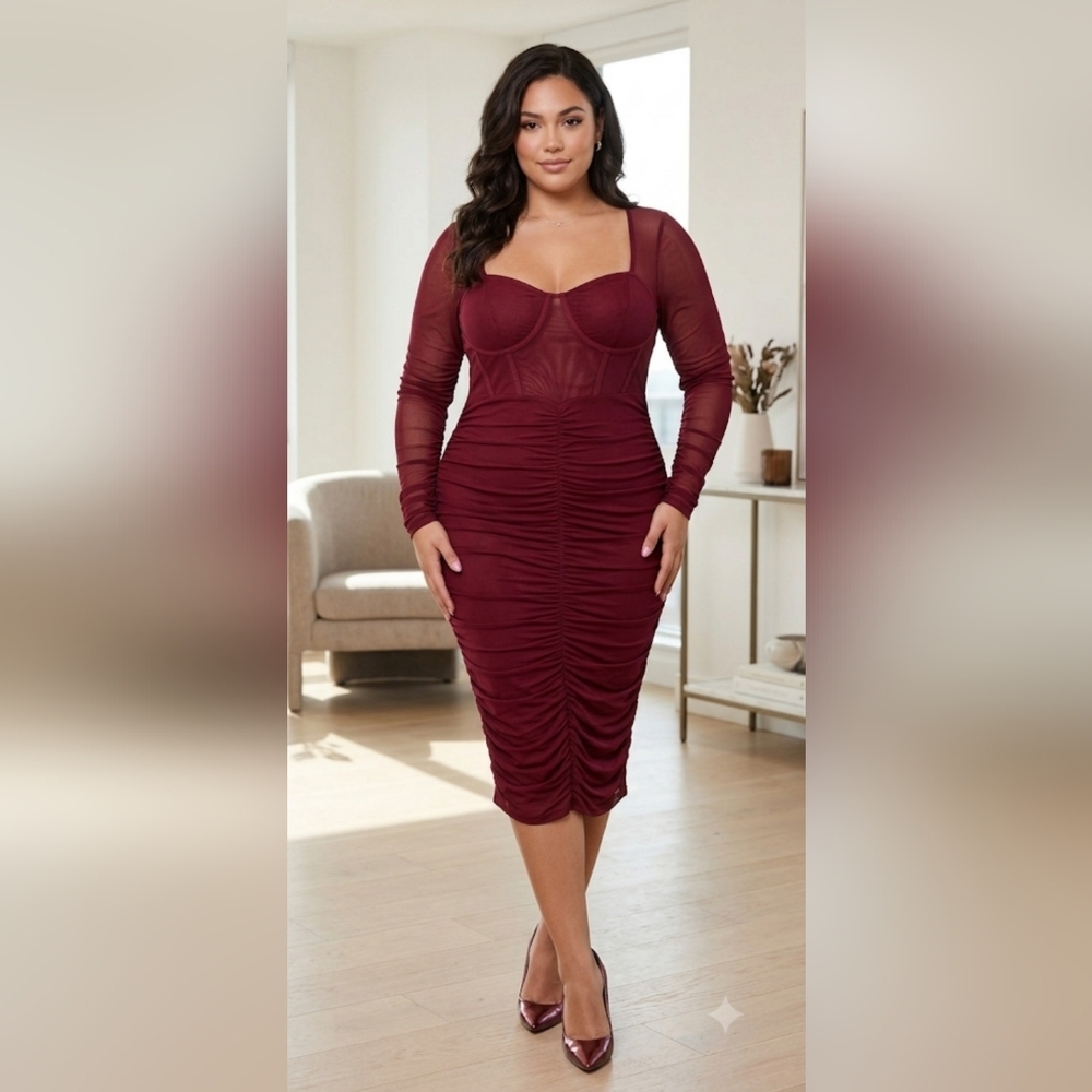 ✨ Fashion Nova Burgundy Corset Ruched Midi Dress ❤ Size 1X